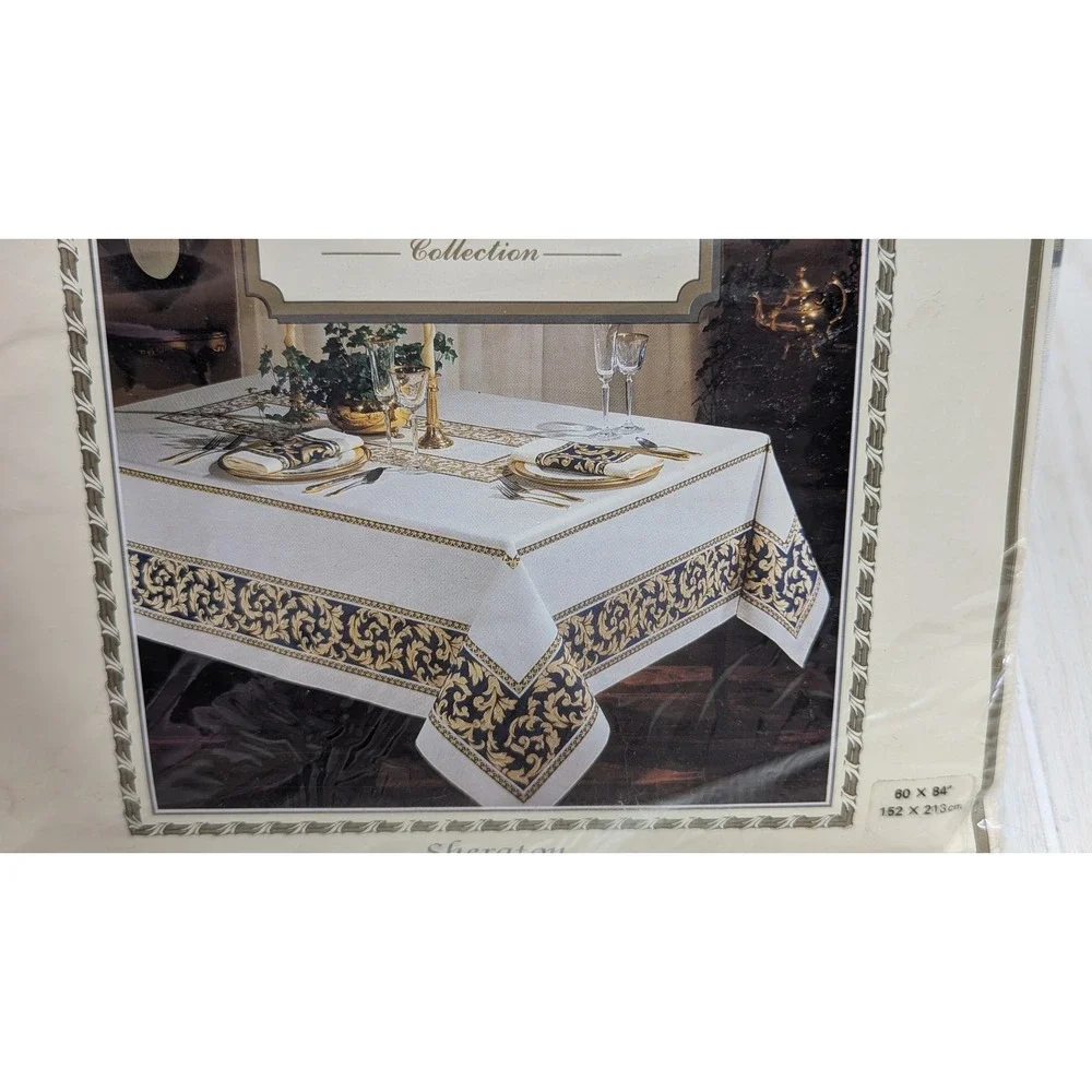 Statements Tablecloth 60x84 White Gold Black Sheraton Collection Baroque Floral
